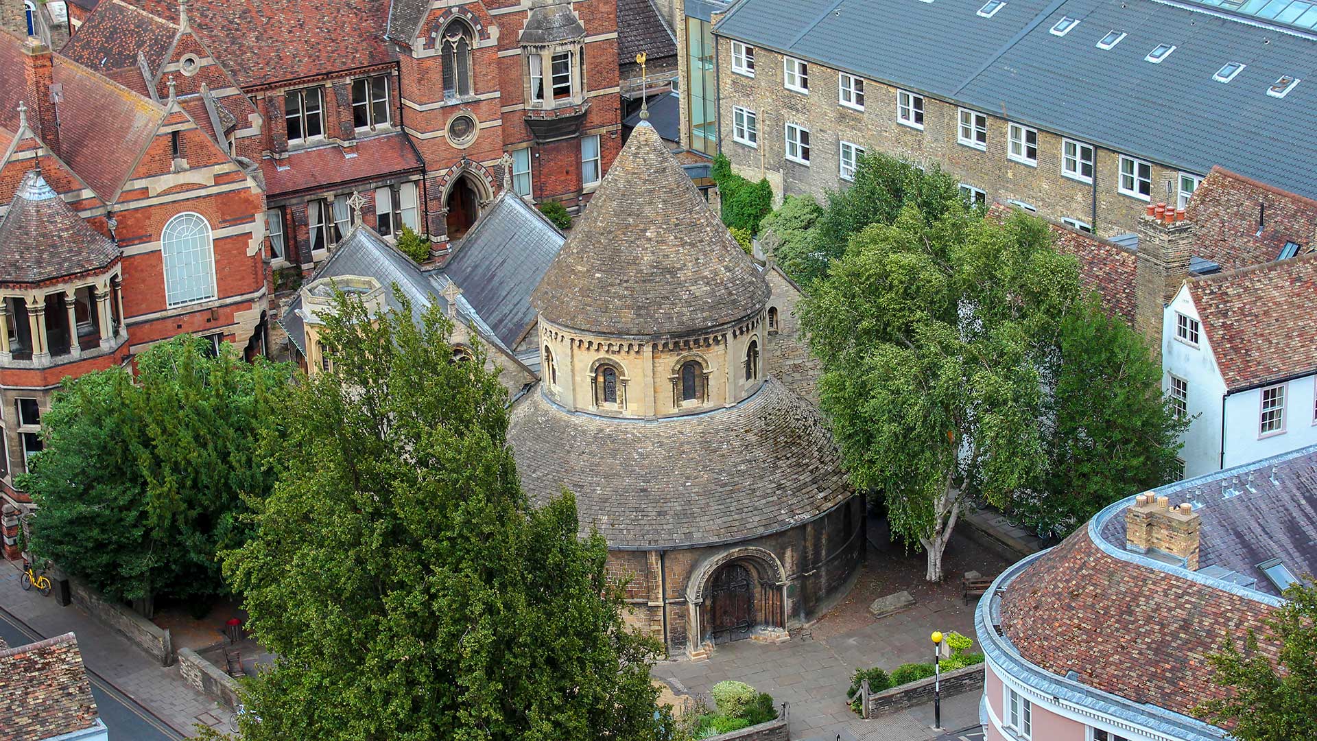 Aerial photograph of the Round Church Cambridge taken from the roof of St John's College Chapel