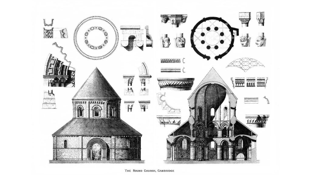 Drawing of exterior and interior cut-out of the Round Church with architectural elements
